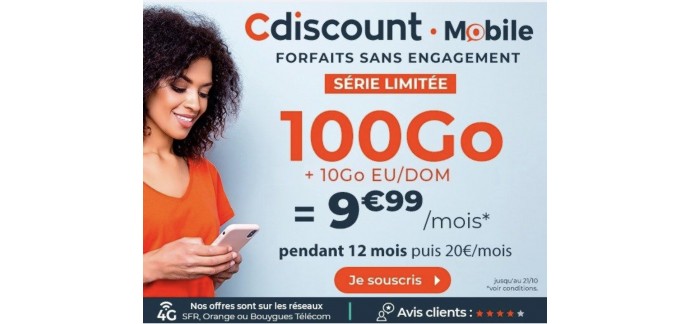 Cdiscount Mobile: Forfait Mobile sans engagement Appels, SMS, MM illimités + 100Go de data à 9,99€/mois pendant 1 an