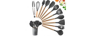 Amazon: Lot de 11 ustensiles de cuisine en silicone avec poignées en bois à 21,59€