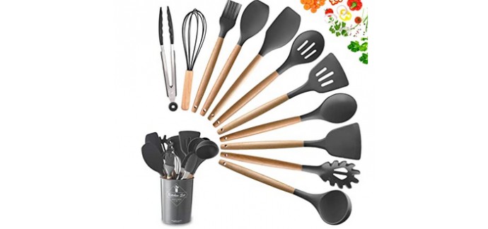 Amazon: Lot de 11 ustensiles de cuisine en silicone avec poignées en bois à 21,59€