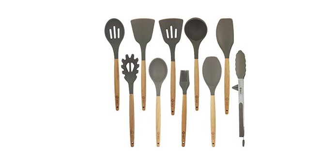 Amazon: Ustensiles de cuisine en silicone 10 pièces avec manche en bois de hêtre à 22,39€