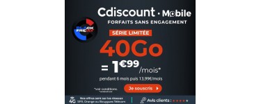 Cdiscount: [Black Friday] Forfait mobile Appels/SMS/MMS illimités + 40Go d'Internet à 1,99€/mois pendant 6 mois