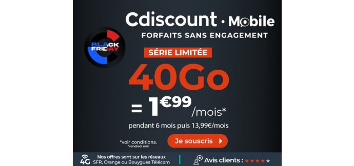 Cdiscount: [Black Friday] Forfait mobile Appels/SMS/MMS illimités + 40Go d'Internet à 1,99€/mois pendant 6 mois