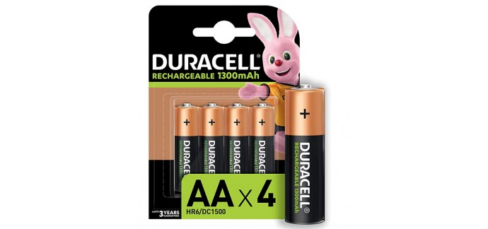 Amazon: Pack de 4 Piles Rechargeables Duracell AA 1300 Mah à 6,79€