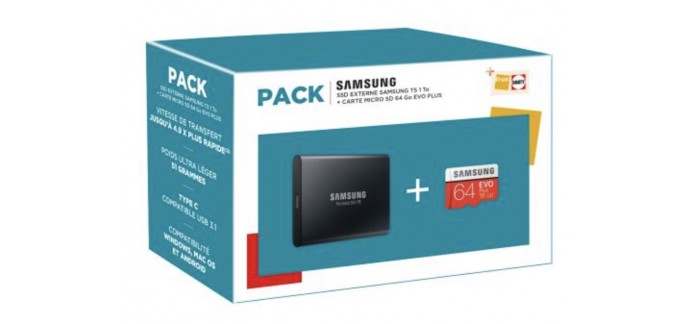 Fnac: Pack Disque SSD Externe Samsung T5 1 To + Carte Micro SD 64 Go Evo Plus à 119,99€