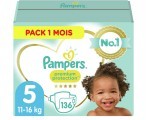 Amazon: Pack 1 mois Pampers Couches Premium Protection Taille 5 (11-16kg), 136 couches à 28,50€