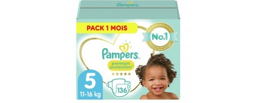 Amazon: Pack 1 mois Pampers Couches Premium Protection Taille 5 (11-16kg), 136 couches à 32,88€