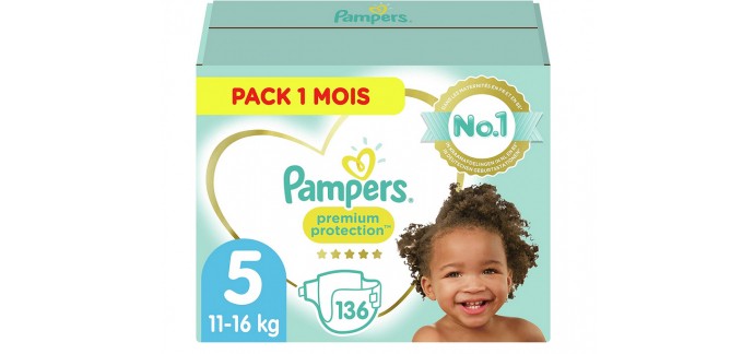 Amazon: Pack 1 mois Pampers Couches Premium Protection Taille 5 (11-16kg), 136 couches à 32,88€