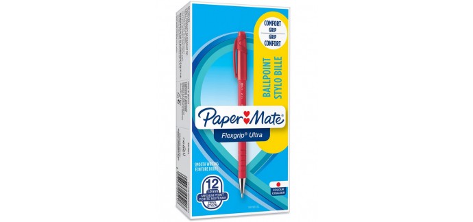 Amazon: Boîte de 12 Stylos Paper Mate Flexgrip Ultra, Pointe Moyenne (1,0 mm), Encre Rouge à 5,04€