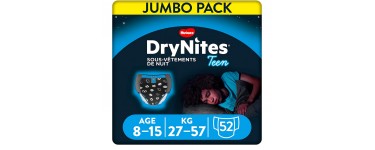 Amazon: Sous-vêtements de nuit jetables Huggies DryNites pour garçons, 8-15 ans, 52 culottes à 35,12€