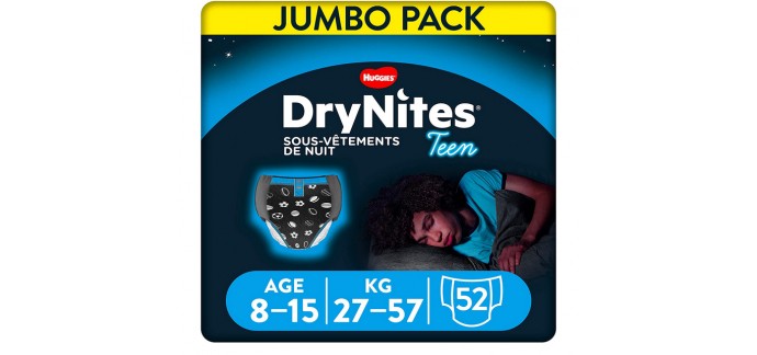 Amazon: Sous-vêtements de nuit jetables Huggies DryNites pour garçons, 8-15 ans, 52 culottes à 35,12€