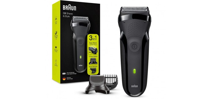 Amazon: Rasoir Électrique Barbe Homme Braun Series 3 Shave&Style 300BT , Noir à 45,99€