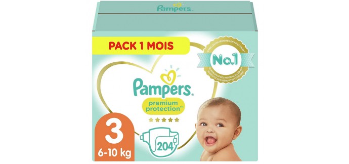Amazon: Pack 1 mois Couches Pampers Premium Protection Taille 3 (6-10kg) à 29,88€