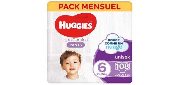 Amazon: Culottes absorbantes bébé Huggies Ultra Comfort Pants, Taille 6 (15-25 kg) x108 à 31,12€