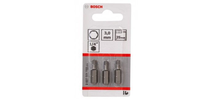Amazon: Lot de 3 embouts de vissage extra dure Bosch Accessories - HEX3 Epaisseur, 25mm Longueur à 4,76€