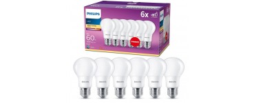 Amazon: Lot de 6 ampoules LED Standard Philips Lighting Culot E27 - Blanc Chaud à 9,99€