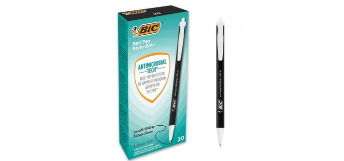 Amazon: Lot de 20 stylos rétractables Bic Antimicrobial Tech - Noir à 7,74€