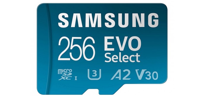 Amazon: Carte microSDXC Samsung Evo Select - 256Go, U3, A2, V30 à 17,99€