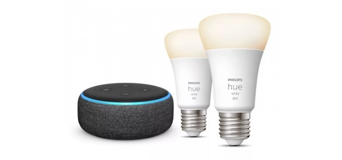 Boulanger: Pack enceinte connectée Amazon Echo Dot3 + 2 ampoules connectées Philips Hue E27 White X2 à 39,99€