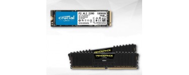 Rue du Commerce: SSD interne M.2 NVMe Crucial P2 - 1To + Kit mémoire RAM DDR4 Corsair Vengeance LPX - 2x8Go à 119,90€