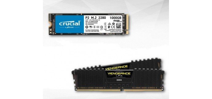 Rue du Commerce: SSD interne M.2 NVMe Crucial P2 - 1To + Kit mémoire RAM DDR4 Corsair Vengeance LPX - 2x8Go à 119,90€