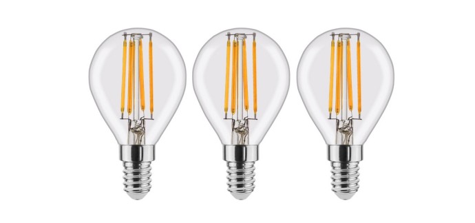 Leroy Merlin:  Lot de 3 ampoules led à filament sphérique Lexman - E14, 470Lm, 40W, blanc chaud en solde à 1,98€