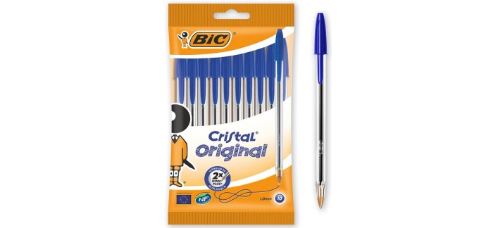 Amazon: Pochette de 10 stylos-bille BIC Cristal Original - Pointe moyenne (1,0mm), Bleu à 2,79€