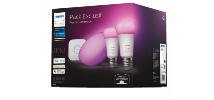 Rue du Commerce: Kit démarrage Philips Hue : 2 ampoules connectées E27 + Pont de connexion + Hue Go V2 à 124,99€