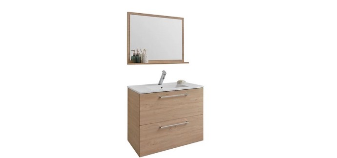 Castorama: Meuble sous vasque à suspendre Noé effet bois 80 cm + plan vasque en céramique blanc + miroir à 169€