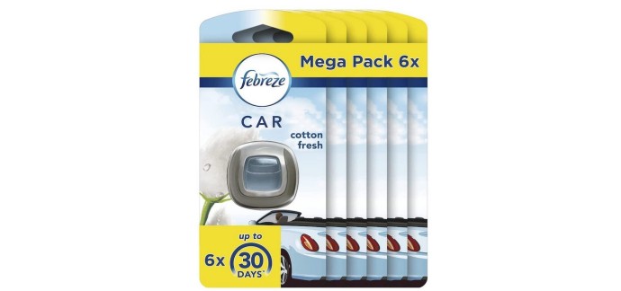 Amazon: Mega pack de 6 Désodorisants voiture Febreze - Pureté de Coton à 8,99€