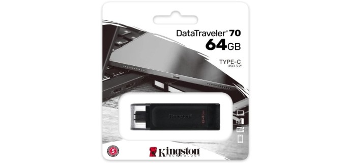 Amazon: Clé USB-C Kingston DataTraveler 70 - 64Go, Noir à 5,16€