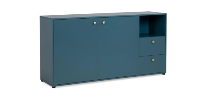 Cdiscount: Buffet 2 portes + 2 tiroirs et niche ouverte Pop Color - Bleu Pétrole en solde à 49,99€