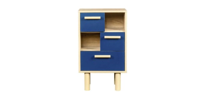 Cdiscount: Table de chevet LILA avec 3 tiroirs et 2 niches - Décor Chêne/bleu en solde à 24,99€