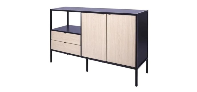 Cdiscount: Buffet MINSK Bois et métal, Imitation bois, 2 portes 2 tiroirs, L 140 x P 40 x H 80 cm à 99,99€