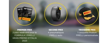 Pirelli: 2 pass week-end Formula 1 Pirelli Gran Premio d'Italia, 4 pneus Pirelli, 1 casquette à gagner