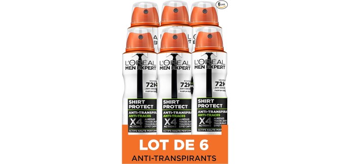 Amazon: Lot de 6 Déodorants Spray Anti-traces L'Oréal Men Expert Shirt Protect - 150ml à 11,55€