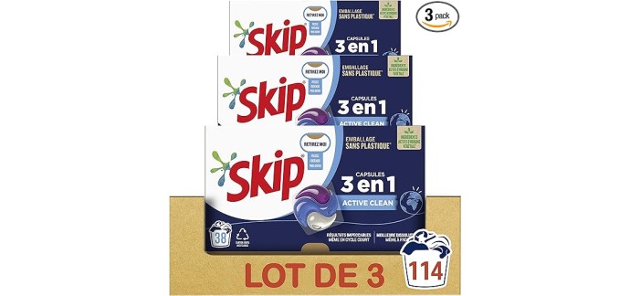 Amazon: Lot de 3 x 38 capsules de lessive 3 en 1 Skip Ultimate Active Clean (114 lavages) à 27,51€