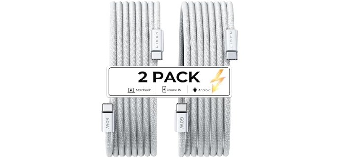 Amazon: Câble USB C LISEN Charge 1M+1M Rapide à 8,35€