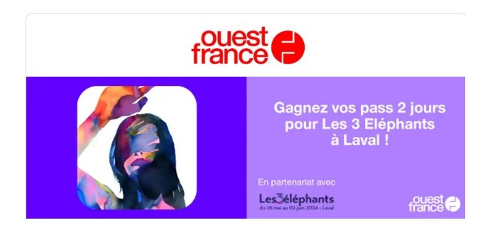 Ouest France: 1 lot de 2 pass 2 jours pour le festival "Les 3 Eléphants" à gagner
