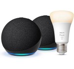 Amazon: [Prime] Pack de 2 Echo Dot (5e génération) Anthracite + Philips Hue Smart Bulb (E27) à 52,98€