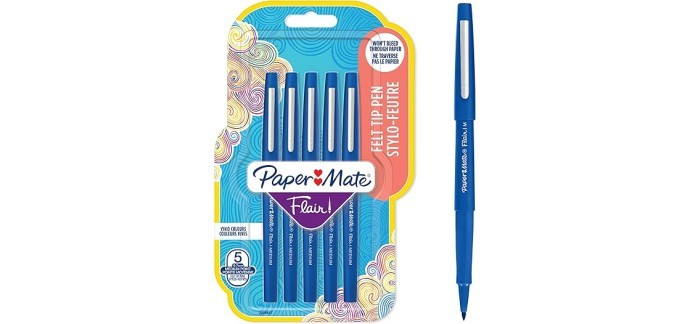 Amazon: Lot de 5 stylos feutres Paper Mate Flair - 7mm, pointe moyenne, encre bleue à 5,90€