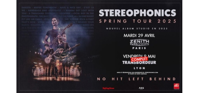 Rollingstone: 8 lots de 2 invitations pour les concerts de Stereophonics à gagner