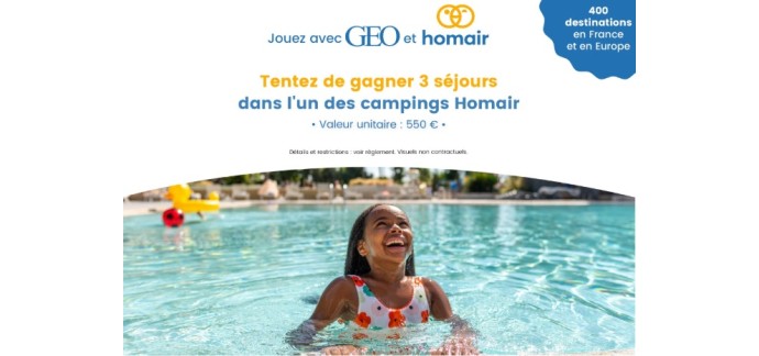 GEO: 3 séjours en camping Homair à gagner