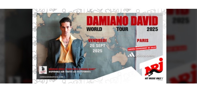NRJ: 2 lots de 2 invitations pour le concert de Damiano David à Paris à gagner