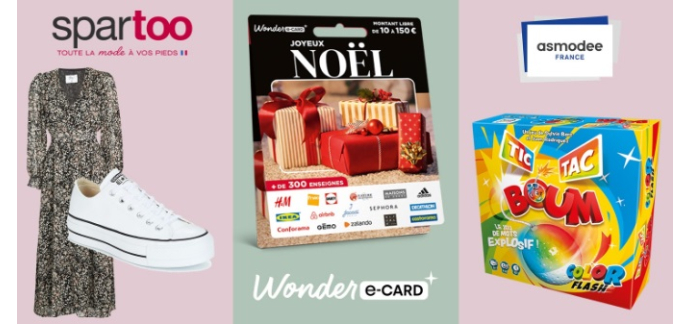 Voici: 1 coffret Wonderbox, 1 bon d'achat Spartoo, 1 boîte de jeu TicTacBoum à gagner