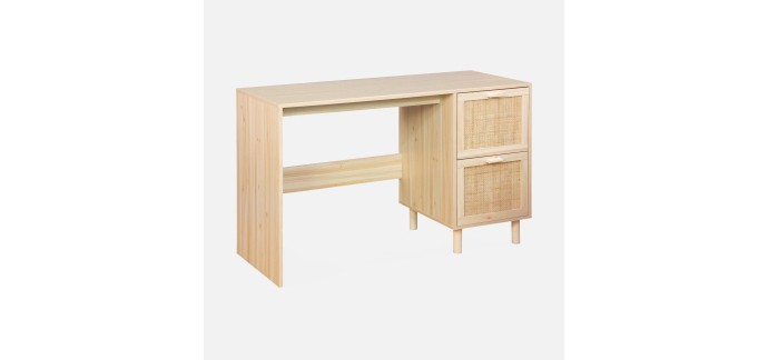 Sweeek: Bureau d&eacute;cor bois et cannage 120cm, 2 tiroirs &agrave; 90,99&euro; (au lieu de 139,99&euro;)