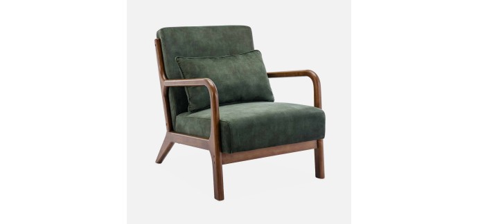 Sweeek: Fauteuil velours kaki foncé, hévéa teinté - 65x80x79 cm, 110 kg max à 139,99€ (au lieu de 199,99€)