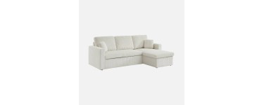 Sweeek: Canap&eacute; d'angle velours c&ocirc;tel&eacute; cr&egrave;me - 3 places, convertible, coffre &agrave; 479,99&euro; (au lieu de 599,99&euro;)