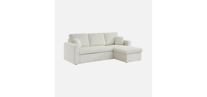 Sweeek: Canap&eacute; d'angle velours c&ocirc;tel&eacute; cr&egrave;me - 3 places, convertible, coffre &agrave; 479,99&euro; (au lieu de 599,99&euro;)