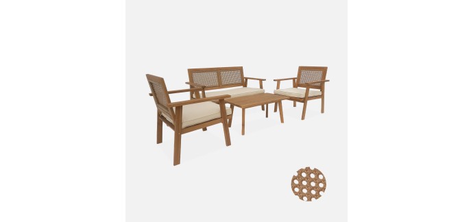 Sweeek: Salon de jardin bois d'acacia 4 places cannage rond &agrave; 224,99&euro; (au lieu de 249,99&euro;)