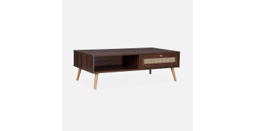 Sweeek: Table basse en cannage bois fonc&eacute; - 110x59x39cm, 1 tiroir &agrave; 71,99&euro; (au lieu de 119,99&euro;)
